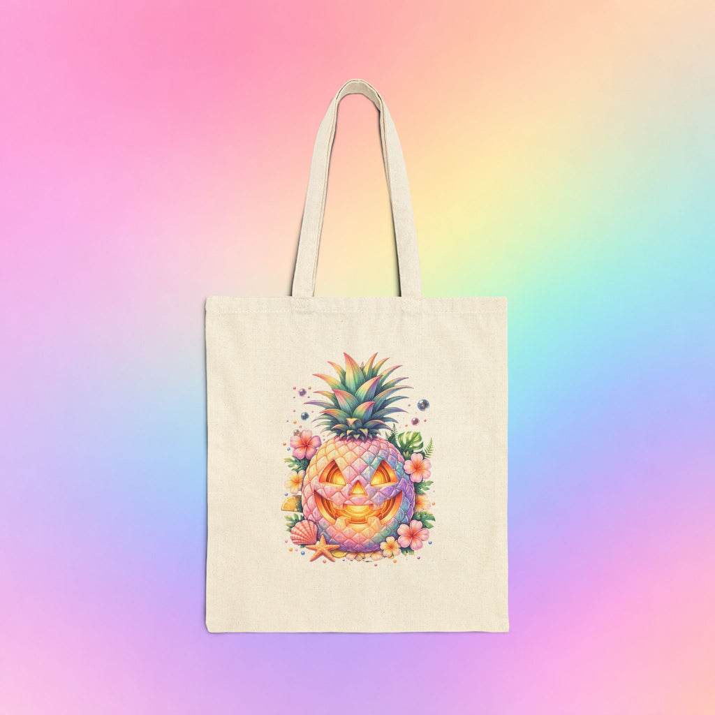 Summerween Pineapple Jack-O’-Lantern Canvas Tote Bag | Tropical Halloween Beach Bag