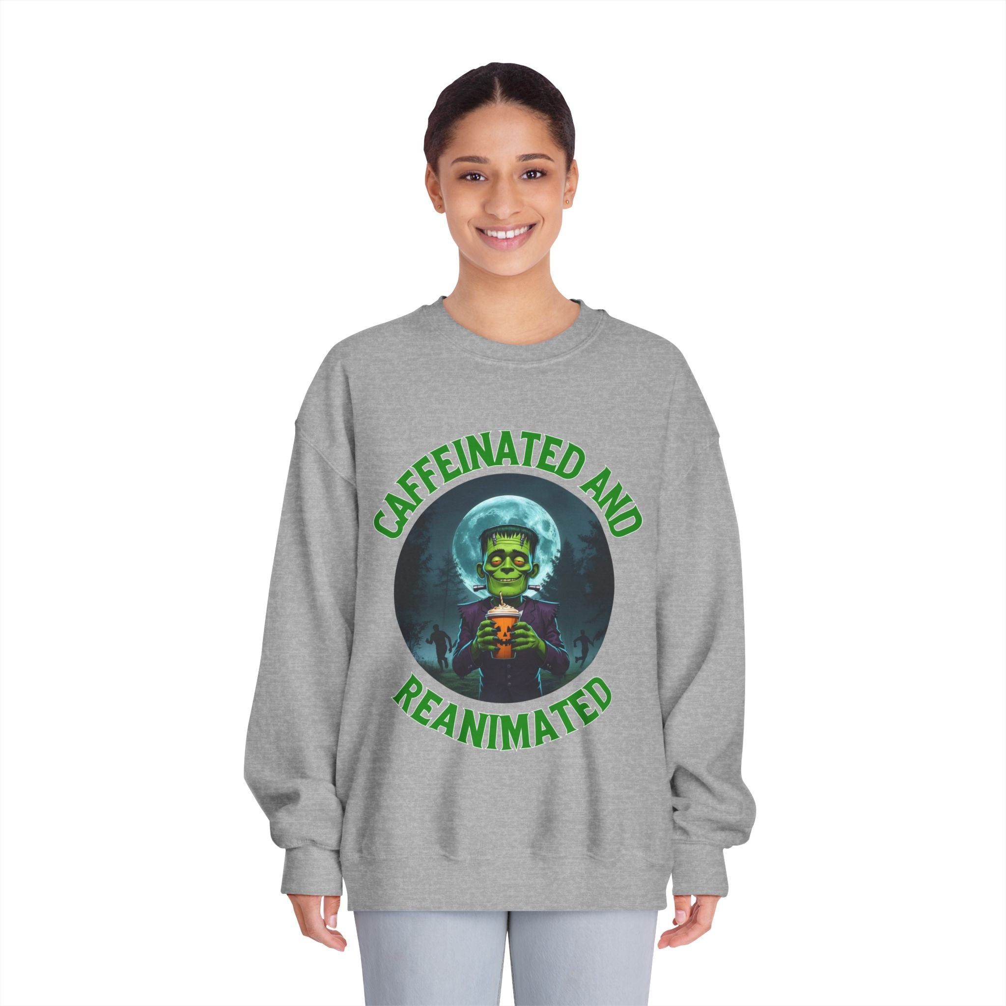 Caffeinated and Reanimated Frankenstein Halloween Sweatshirt (Unisex)