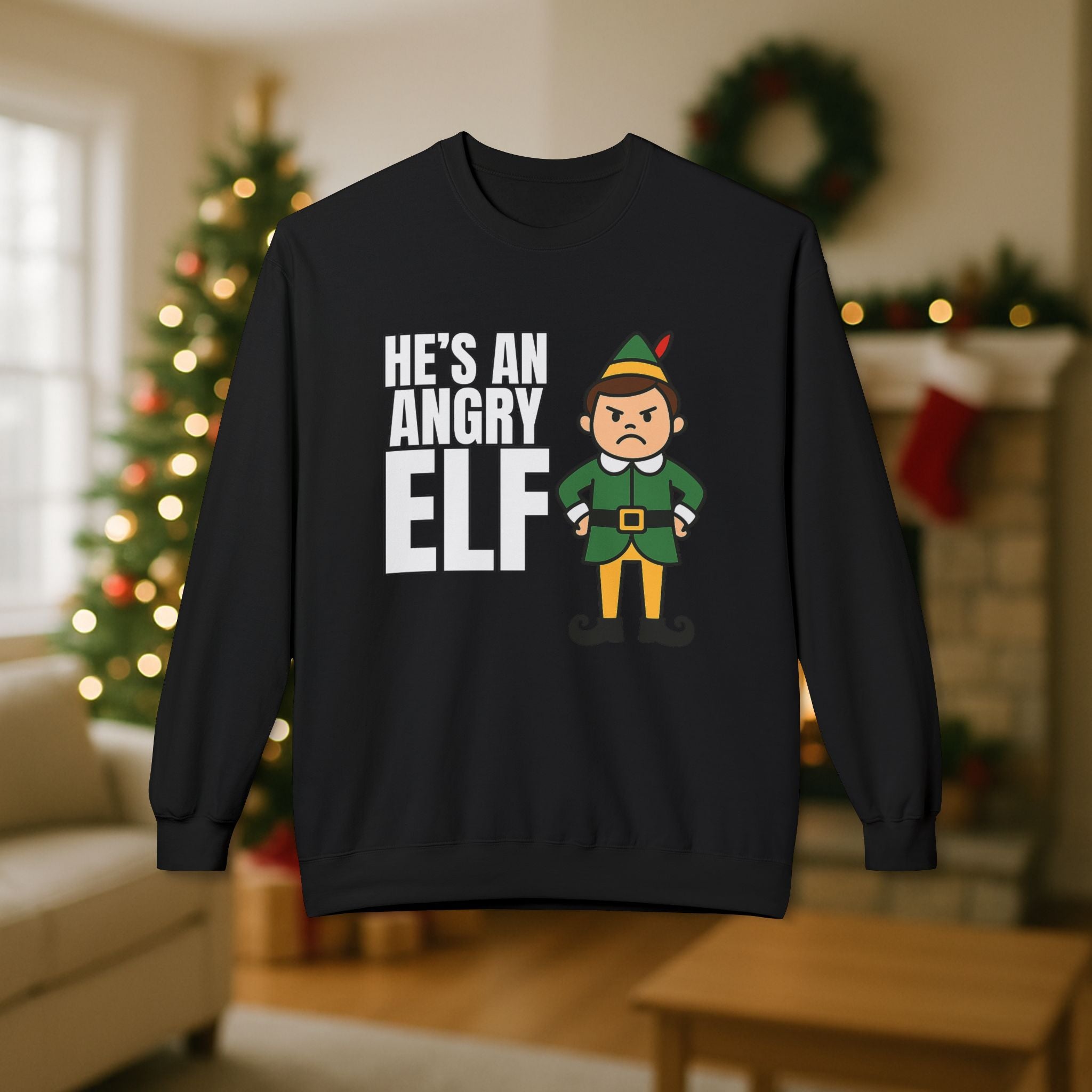 He’s an Angry Elf Christmas Sweatshirt – Funny Holiday Elf Graphic | Festive Unisex Crewneck