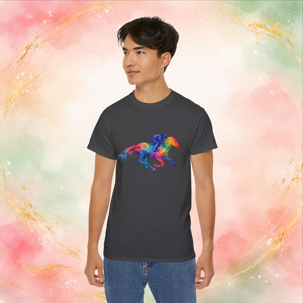 Kentucky Derby Watercolor Horse & Jockey T-Shirt | Colorful Race Day Graphic Tee