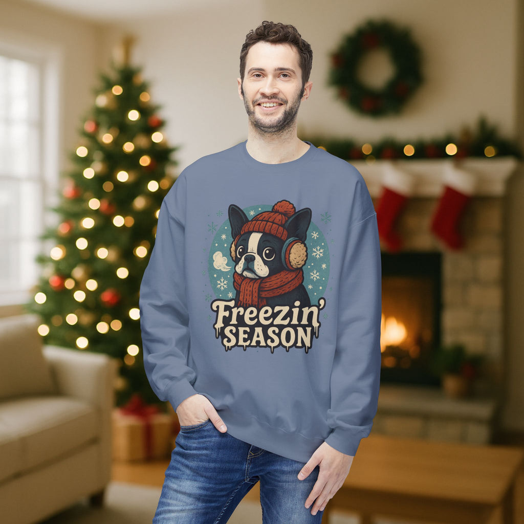 Winter “Freezin’ Season” Boston Terrier Sweatshirt – Cozy Holiday Dog Lover Pullover