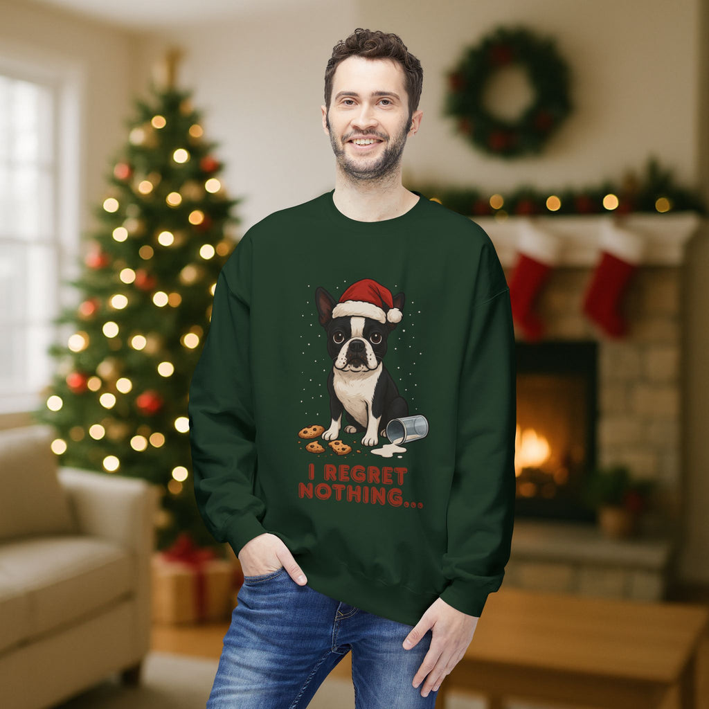 Boston Terrier “I Regret Nothing” Christmas Sweatshirt – Funny Holiday Dog Cookie Shirt