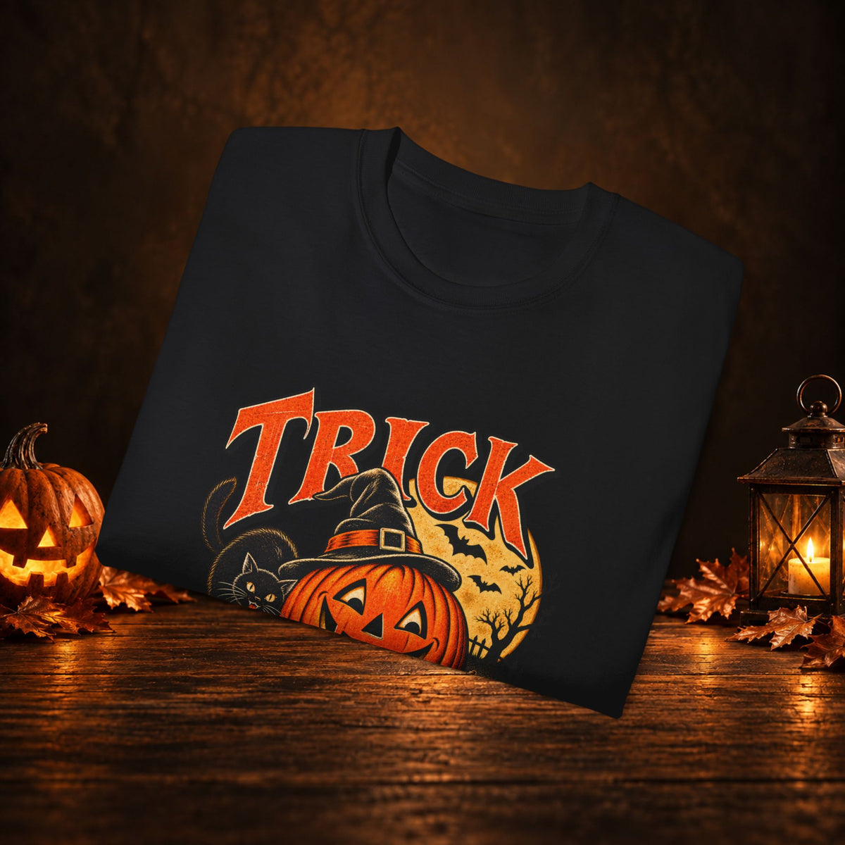 Trick or Treat Halloween T-Shirt – Pumpkin, Black Cat & Full Moon Tee