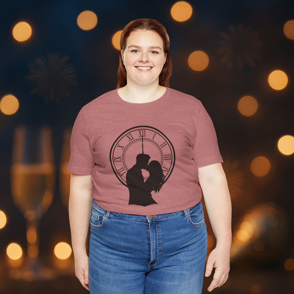 Midnight Kiss New Year’s Eve T-Shirt – Romantic Clock Silhouette Celebration Tee