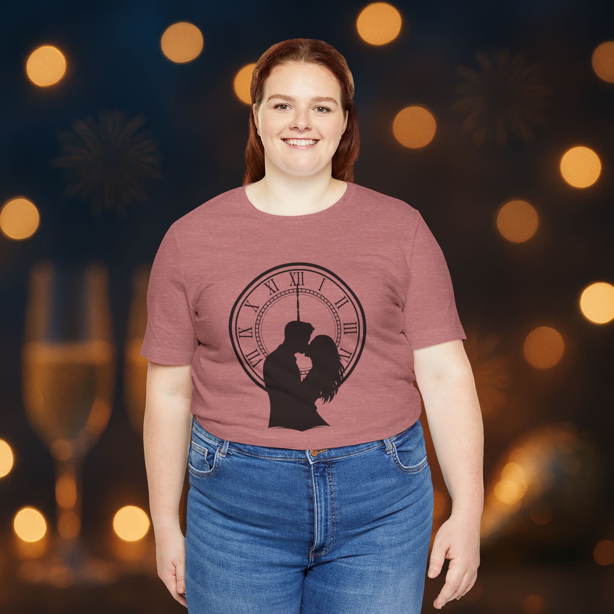 Midnight Kiss New Year’s Eve T-Shirt – Romantic Clock Silhouette Celebration Tee