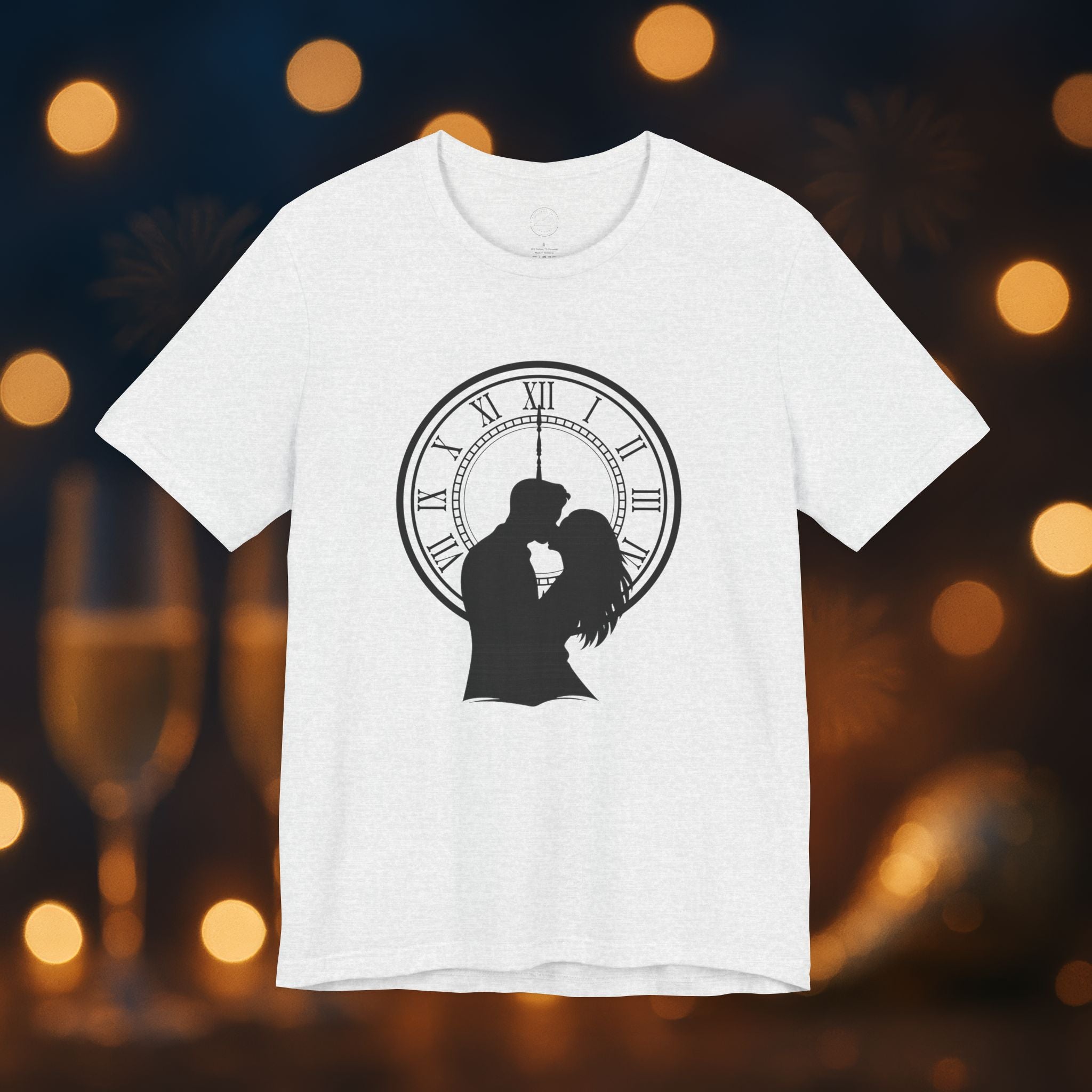 Midnight Kiss New Year’s Eve T-Shirt – Romantic Clock Silhouette Celebration Tee