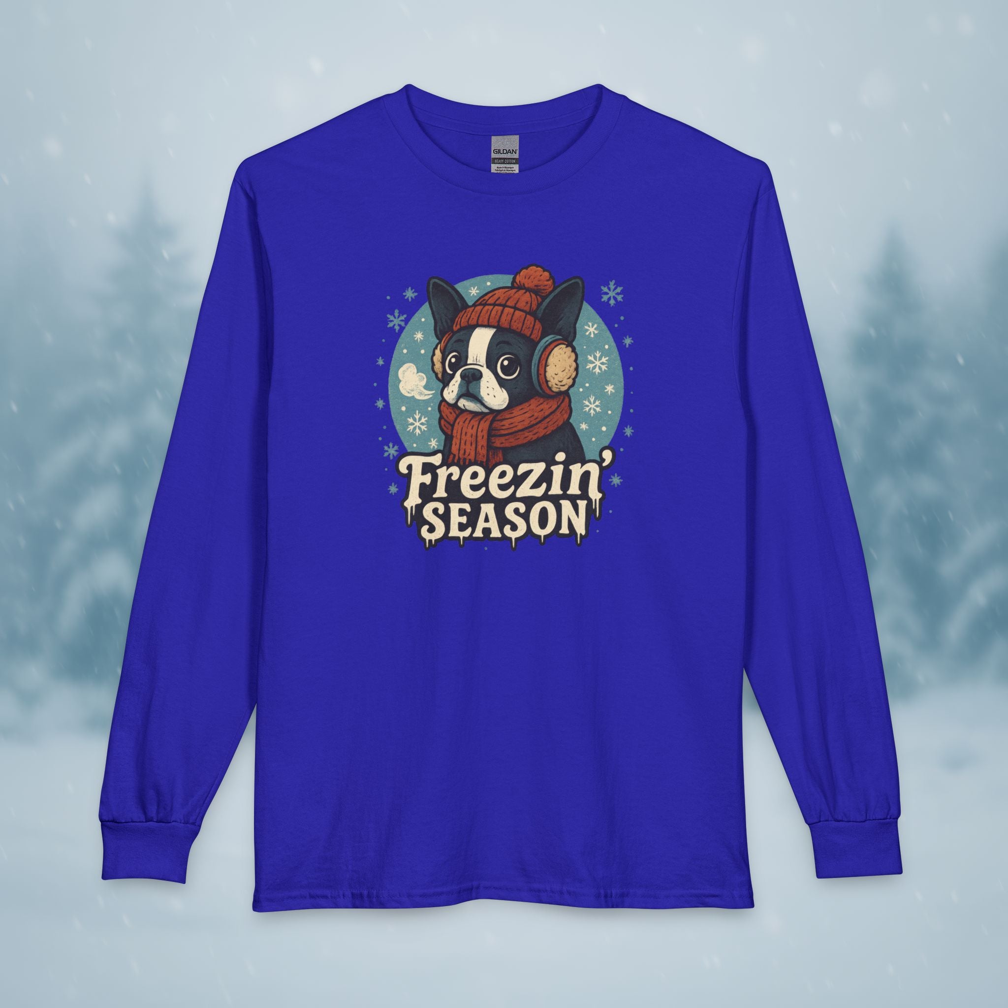Freezin’ Season Boston Terrier Winter Long Sleeve Shirt – Cute Dog Lover Cold Weather Tee