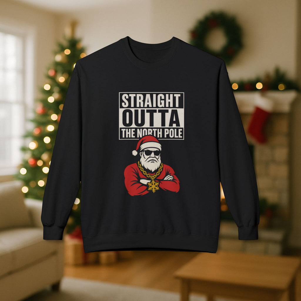 Straight Outta The North Pole Gangsta Santa Christmas Sweatshirt – Funny Holiday Graphic, Street Style Santa, Hip Hop Christmas Crewneck