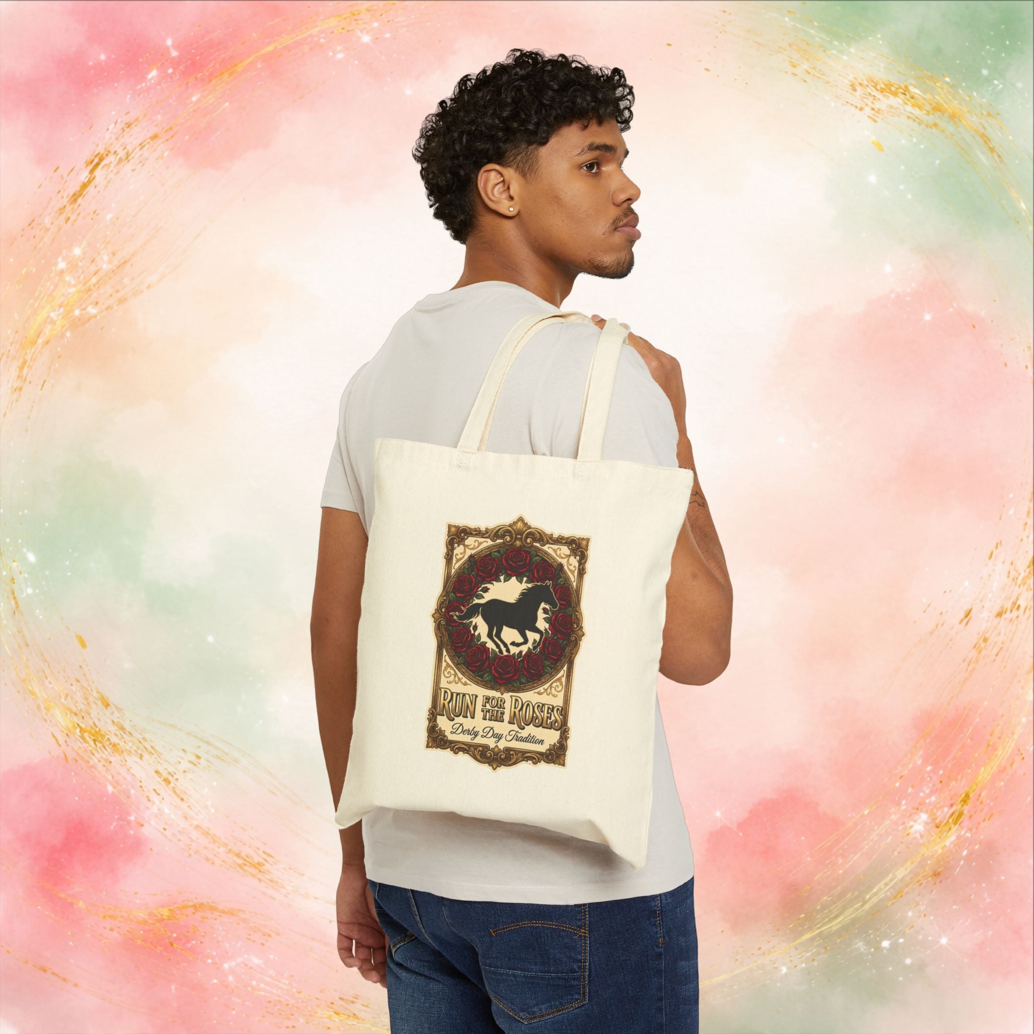 Run for the Roses Canvas Tote Bag, Derby Day Horse Tote, Vintage Floral Market Bag