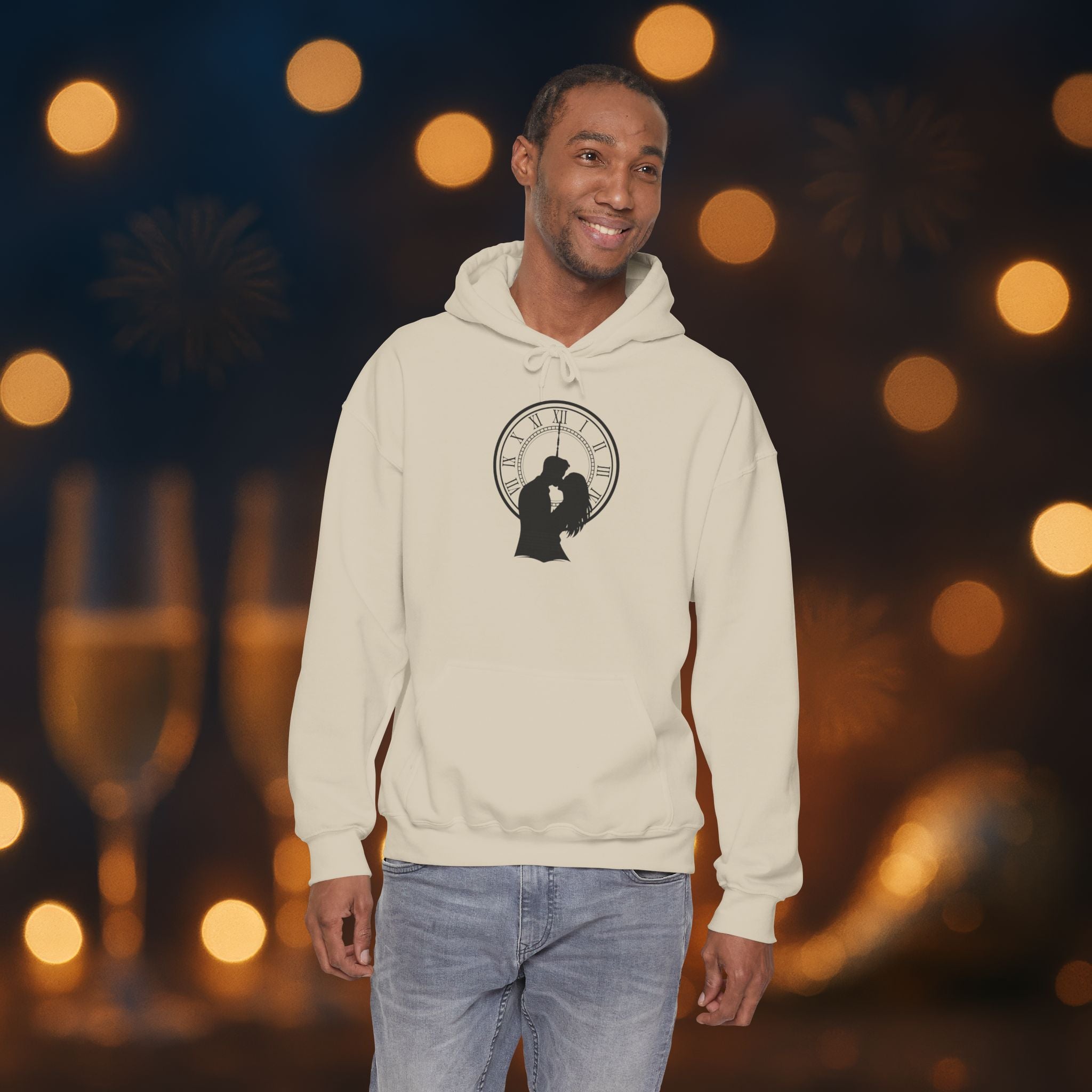 Midnight Kiss New Year’s Eve Hoodie – Romantic Clock Silhouette Pullover
