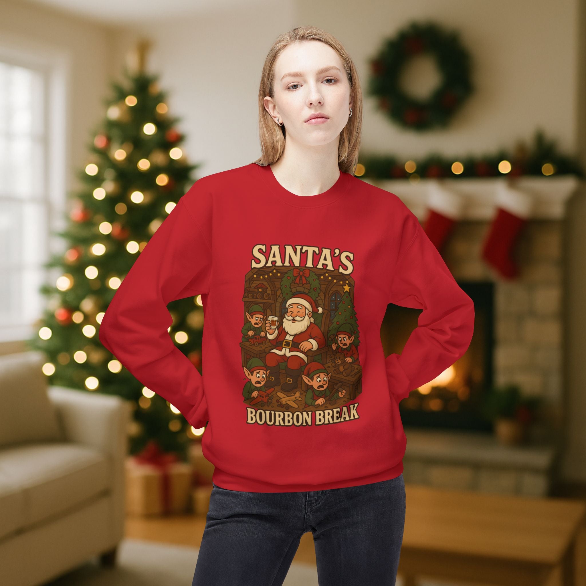 Santa’s Bourbon Break Christmas Sweatshirt – Funny Bourbon Lover Holiday Crewneck for Kentucky Bourbon Fans & Festive Christmas Gift