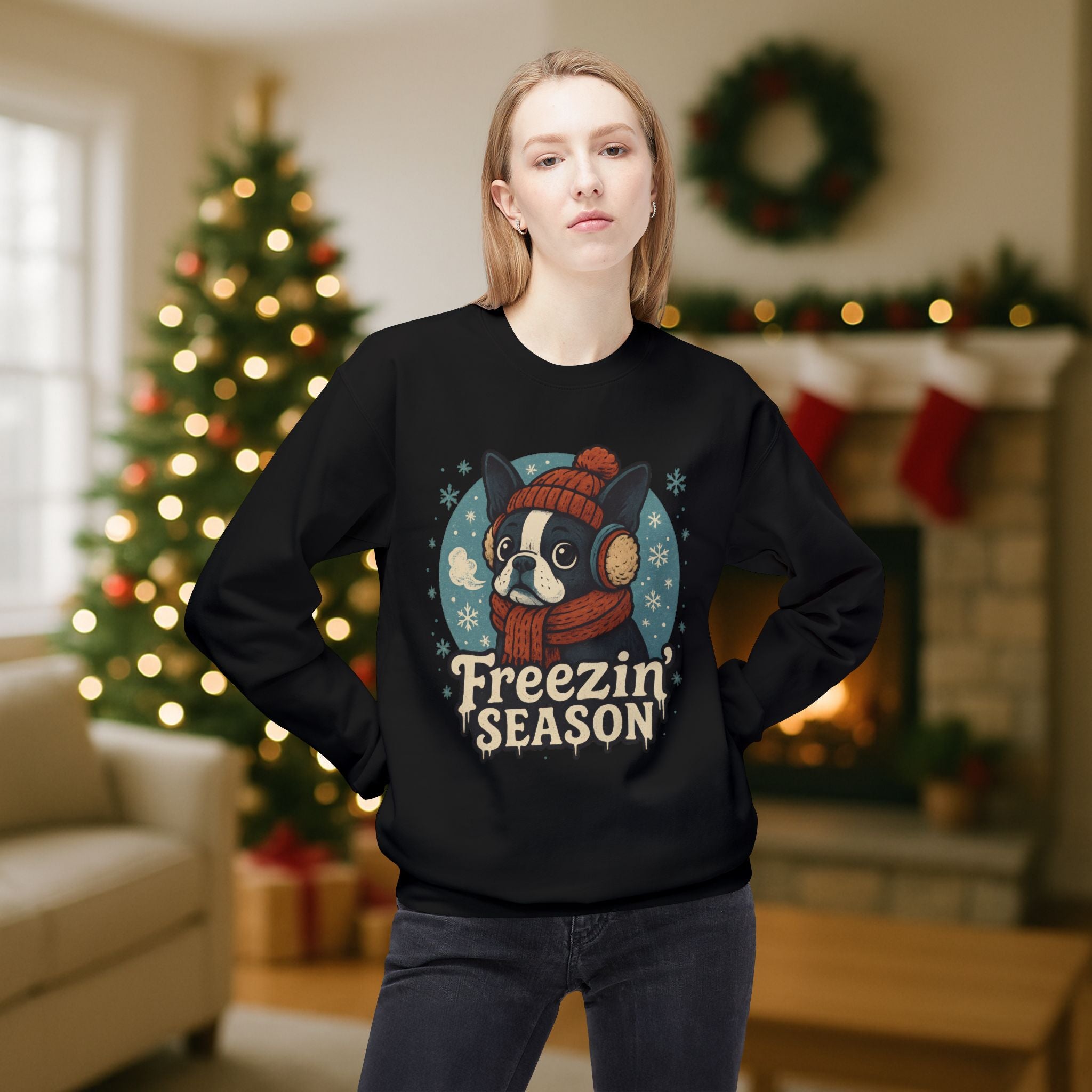 Winter “Freezin’ Season” Boston Terrier Sweatshirt – Cozy Holiday Dog Lover Pullover