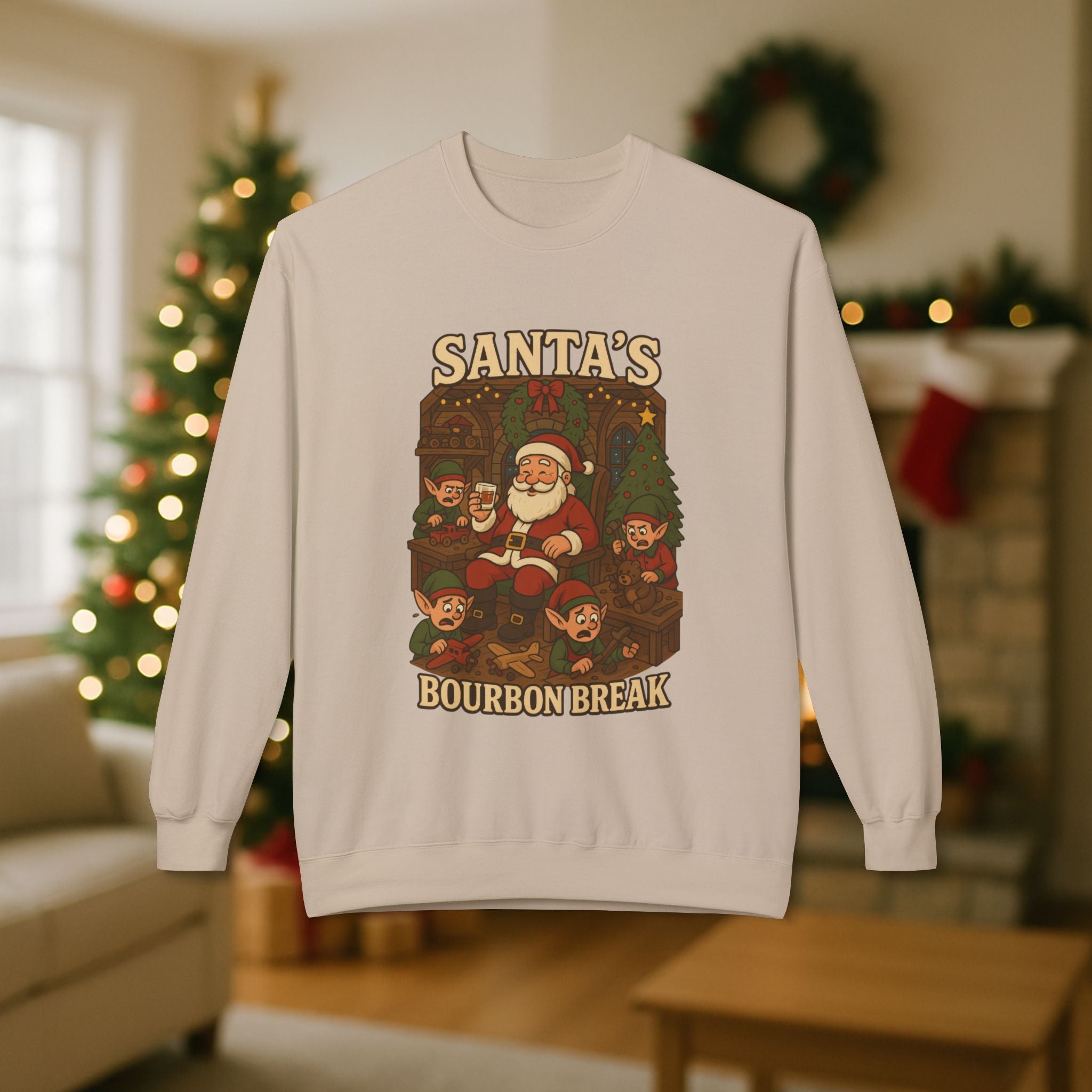 Santa’s Bourbon Break Christmas Sweatshirt – Funny Bourbon Lover Holiday Crewneck for Kentucky Bourbon Fans & Festive Christmas Gift