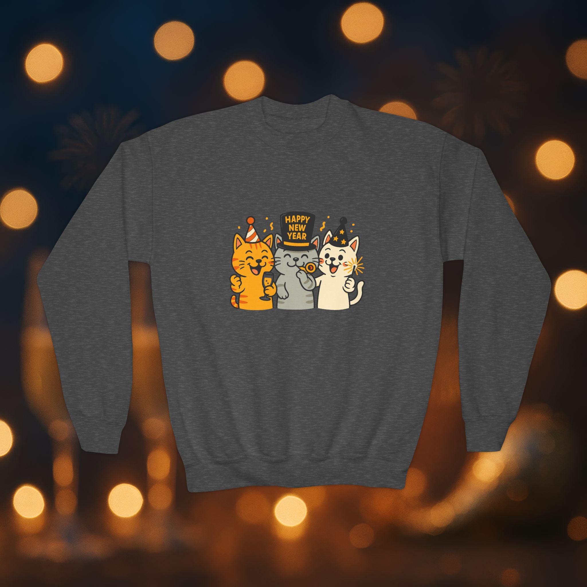 Happy New Year Cats Youth Crewneck Sweatshirt – Cute Party Cats Sweatshirt for Kids