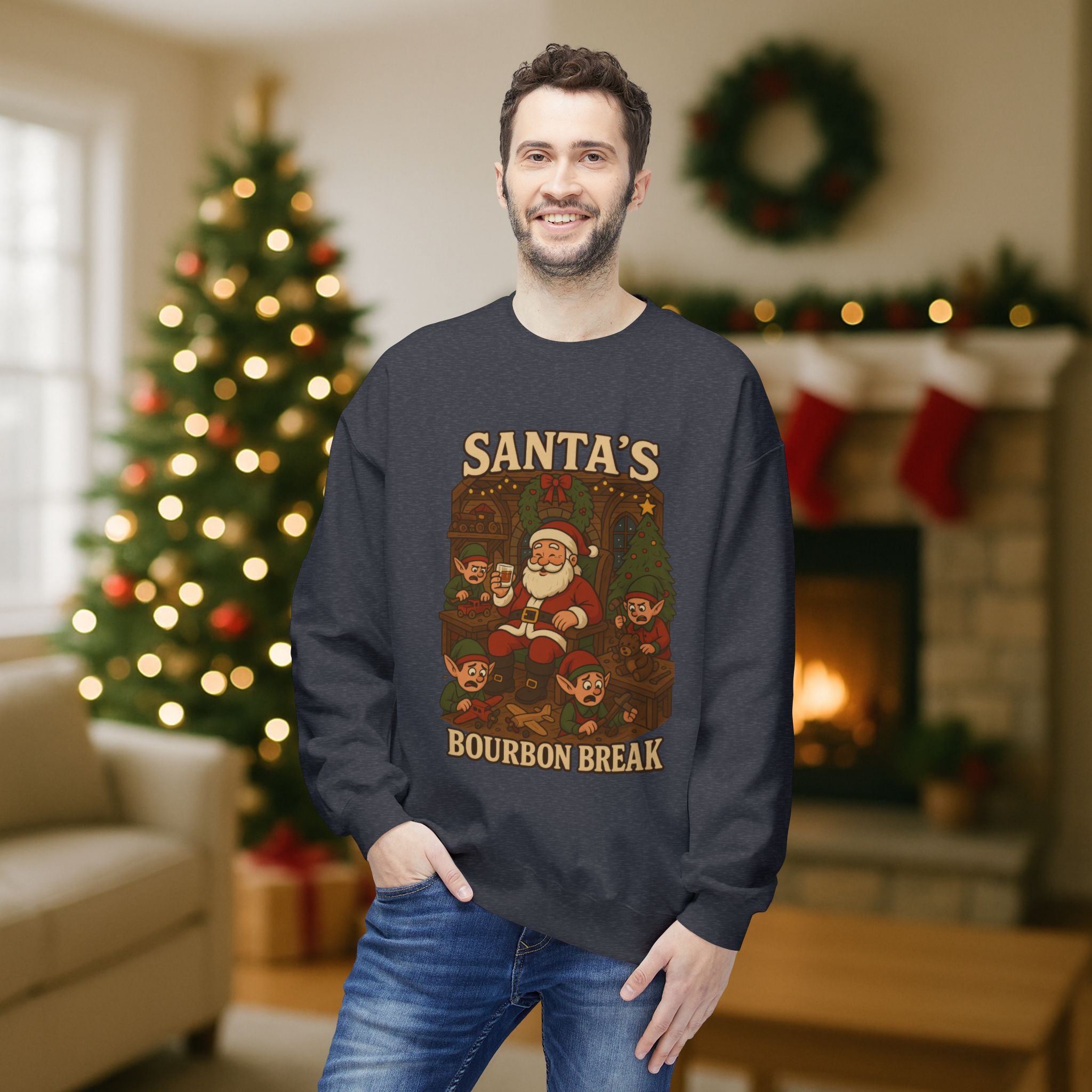 Santa’s Bourbon Break Christmas Sweatshirt – Funny Bourbon Lover Holiday Crewneck for Kentucky Bourbon Fans & Festive Christmas Gift
