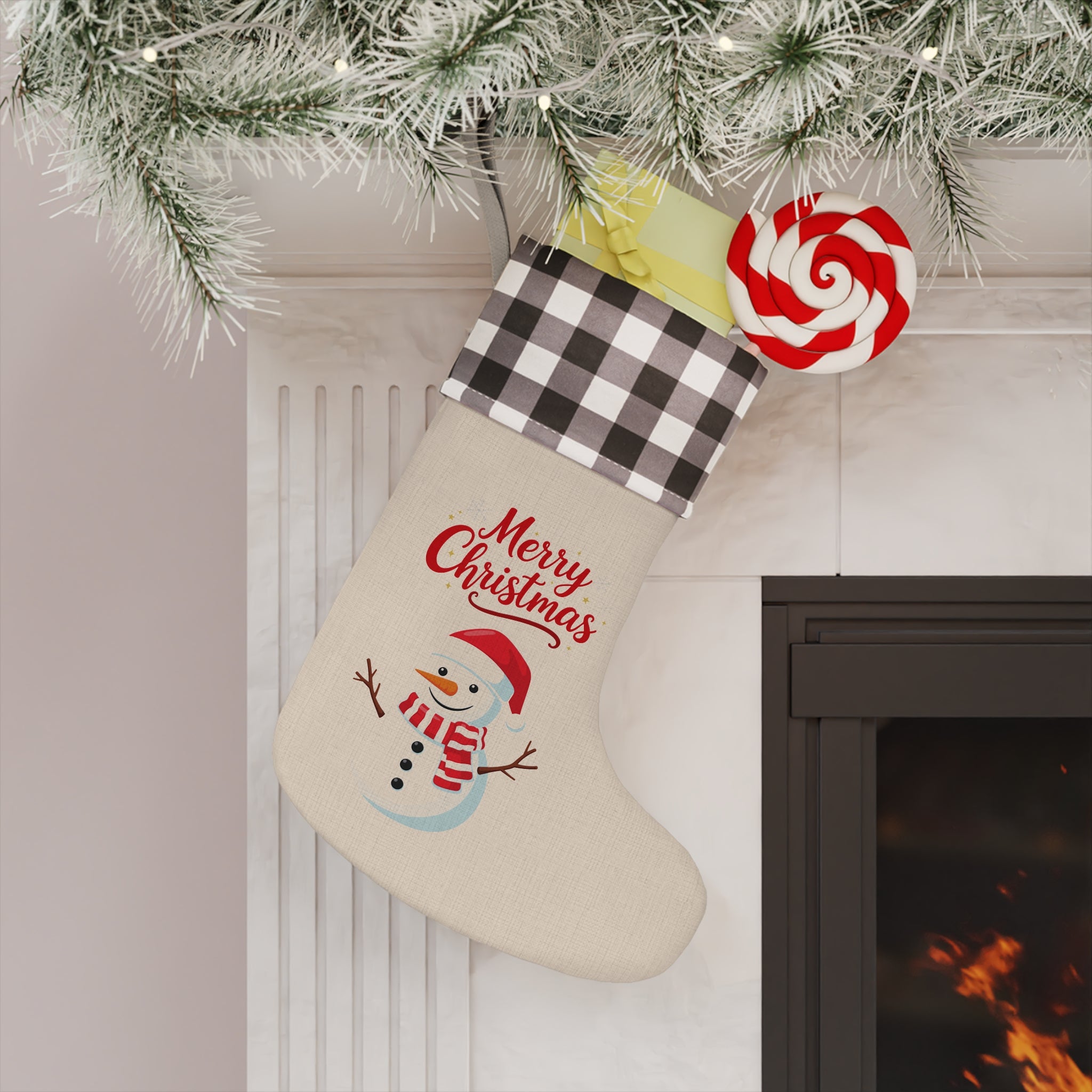 Buffalo Plaid “Merry Christmas” Snowman Stocking – Cute Holiday Decor