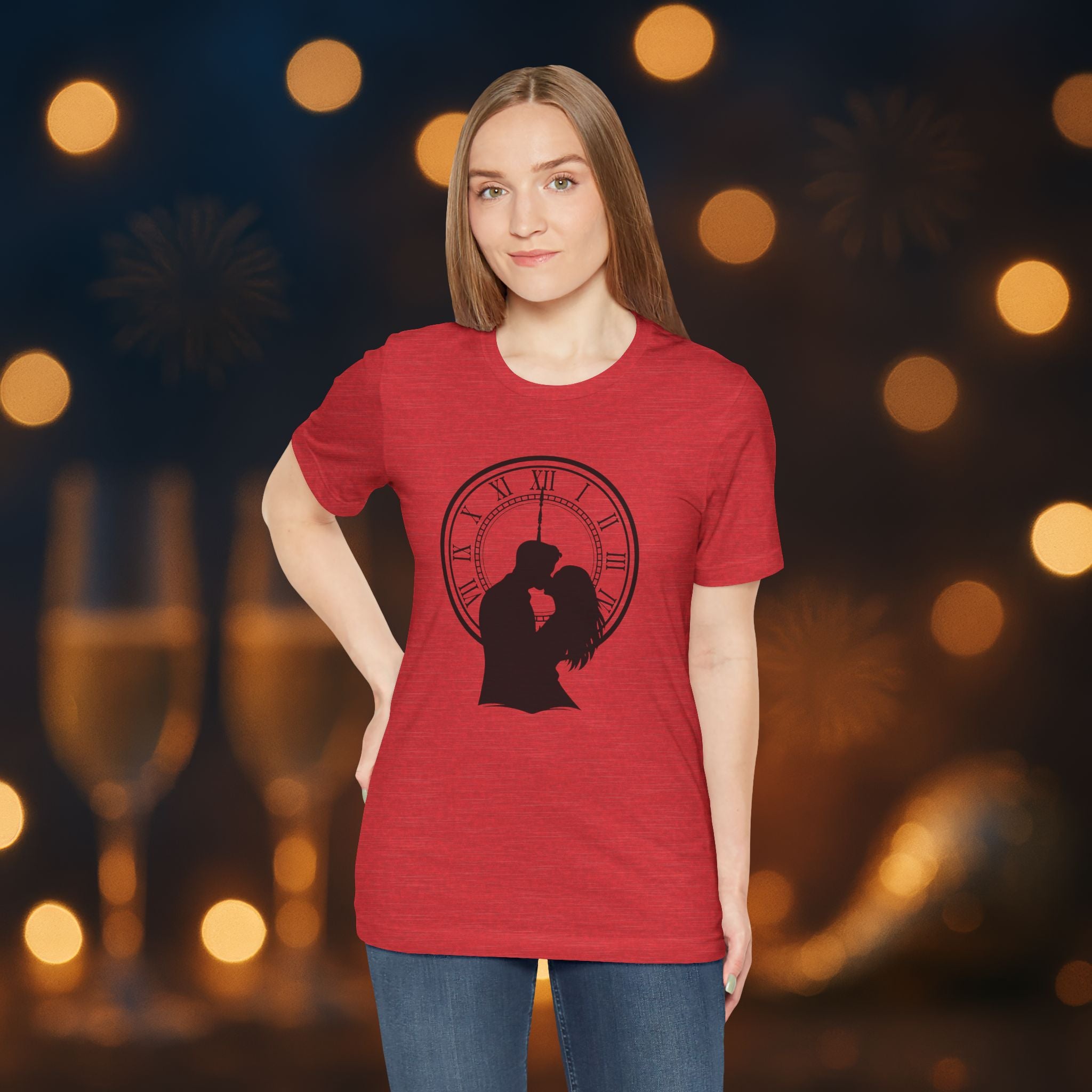 Midnight Kiss New Year’s Eve T-Shirt – Romantic Clock Silhouette Celebration Tee
