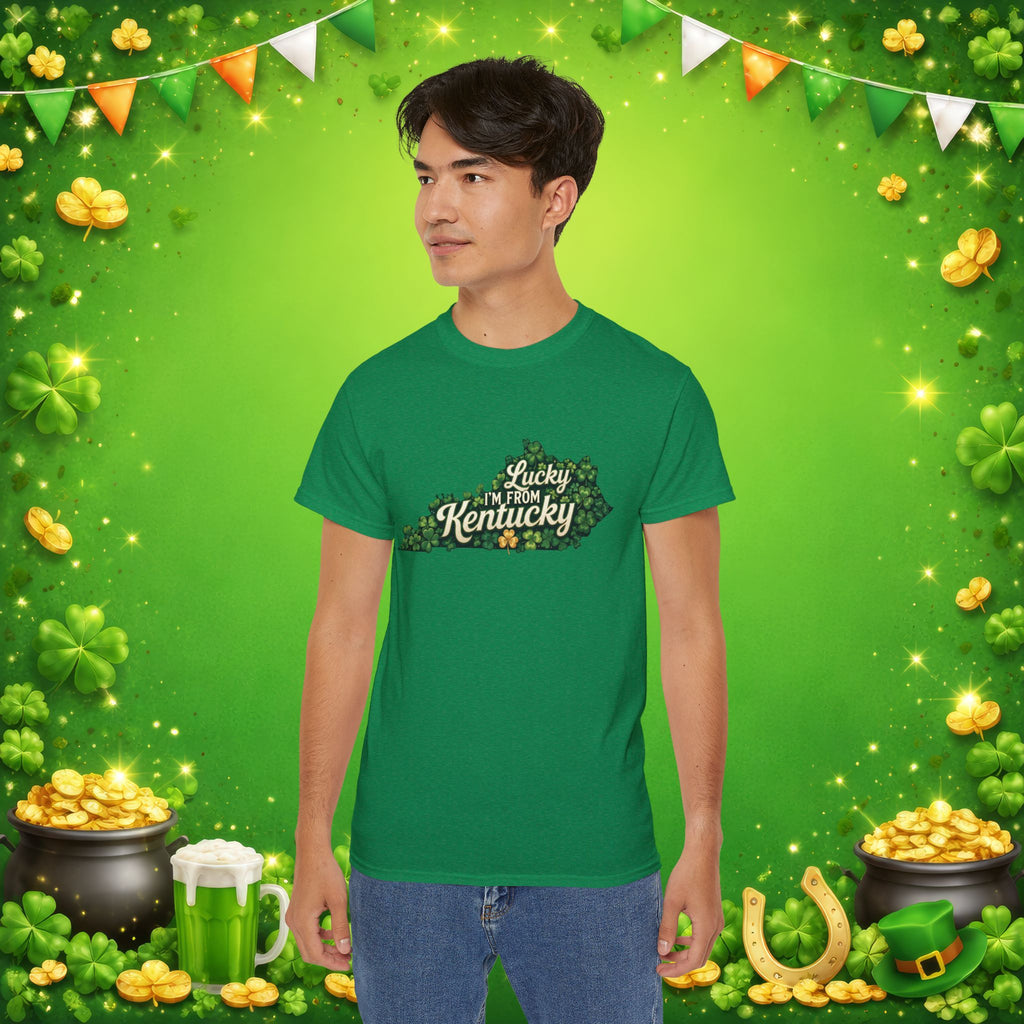 Lucky I’m From Kentucky T-Shirt – St. Patrick’s Day Shamrock Kentucky Shirt – Irish Bluegrass Pride Graphic Tee