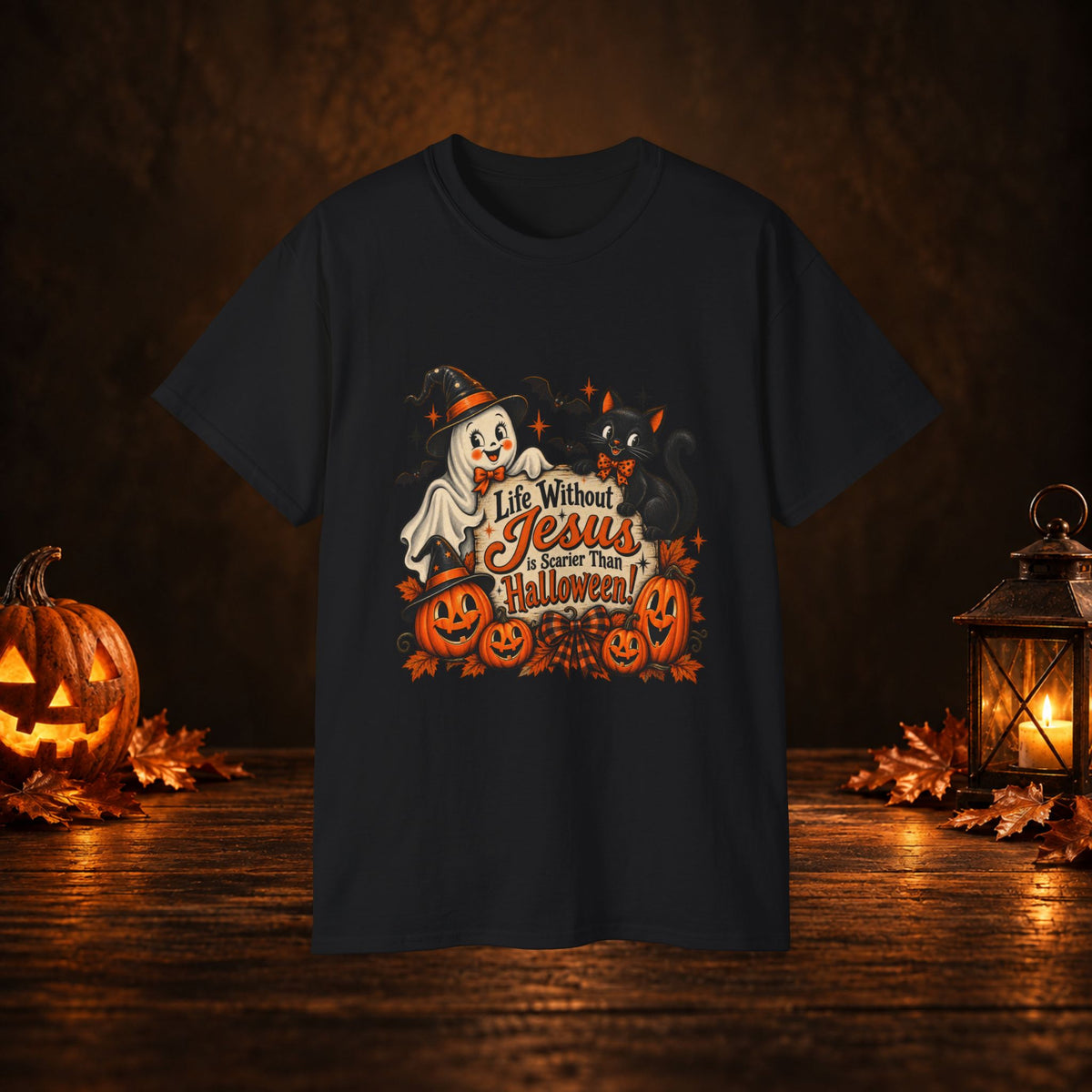 Halloween Christian T-Shirt — “Life Without Jesus Is Scary” Pumpkin & Cat Tee