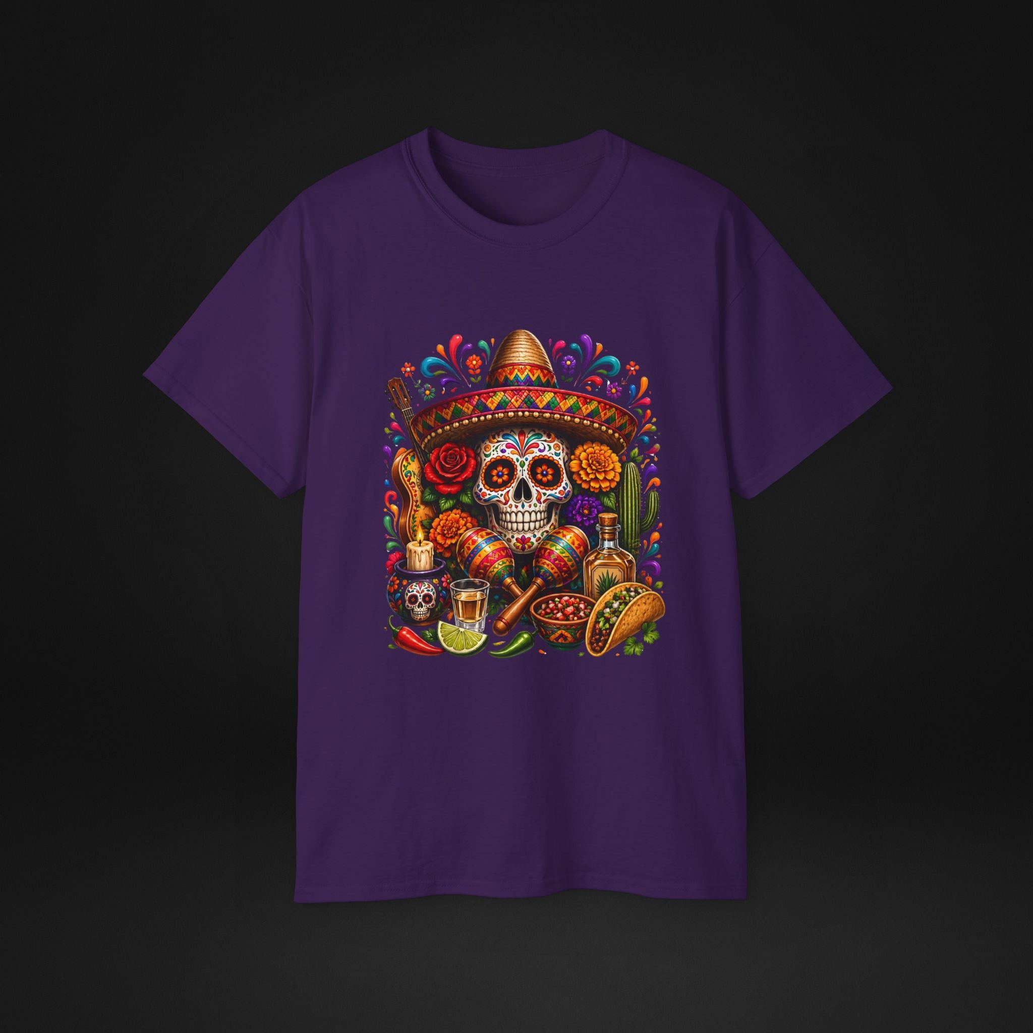 Cinco de Mayo Sugar Skull T-Shirt – Fiesta Sombrero Taco & Tequila Graphic Tee