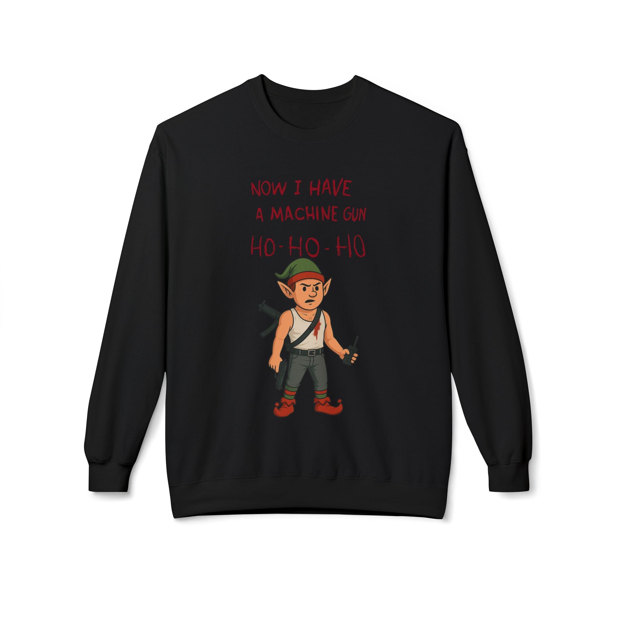 "Ho Ho Ho Machine Gun Elf Christmas Sweatshirt – Funny Die Hard Inspired Holiday Design"