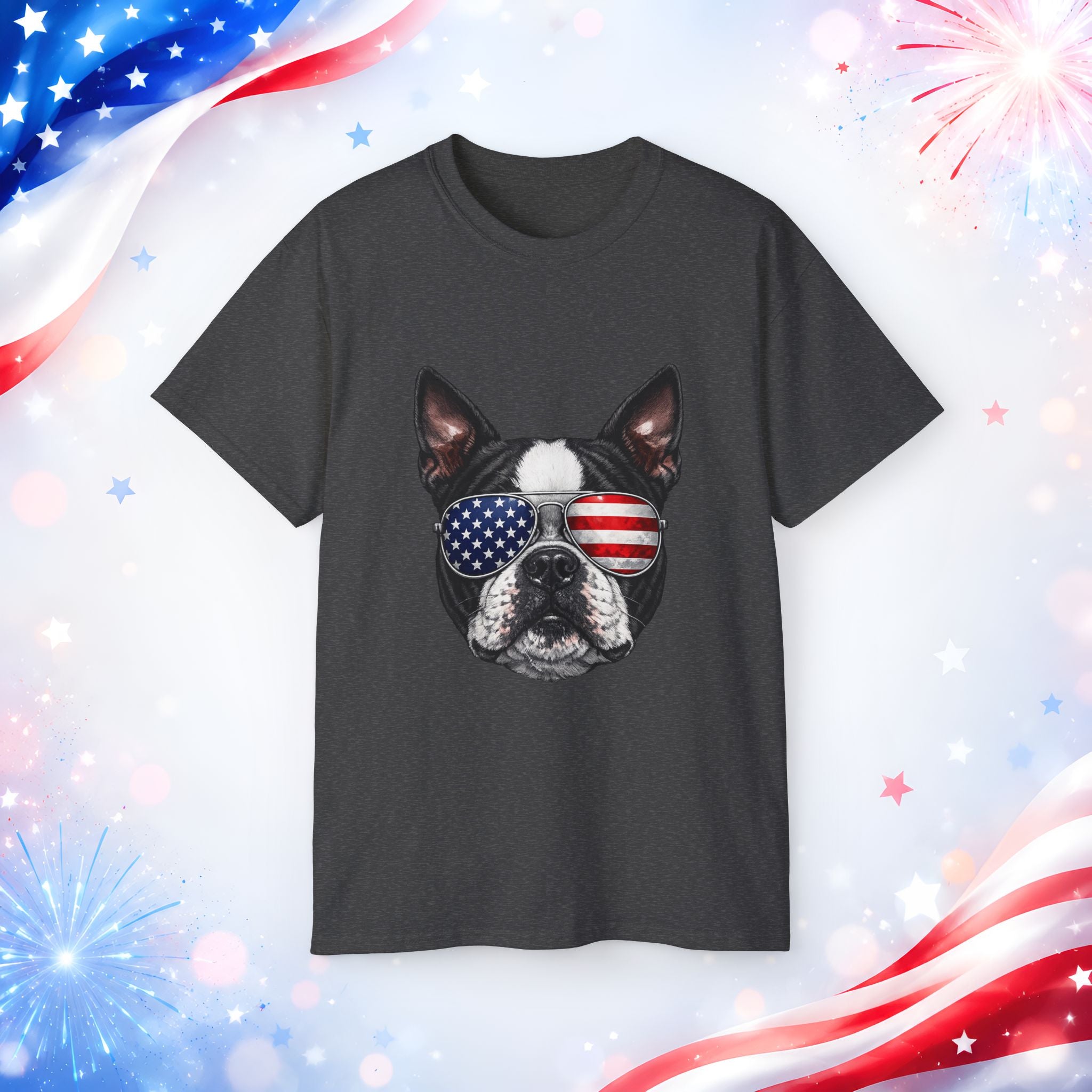Patriotic Boston Terrier 4th of July T-Shirt | American Flag Dog Sunglasses Tee