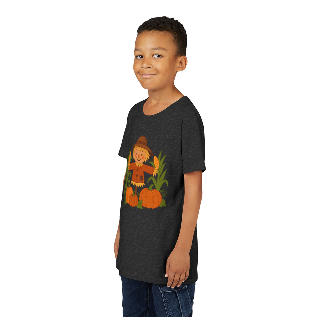 🍂 Cute Fall Scarecrow Kids T-Shirt – Autumn Pumpkins & Corn Patch Design