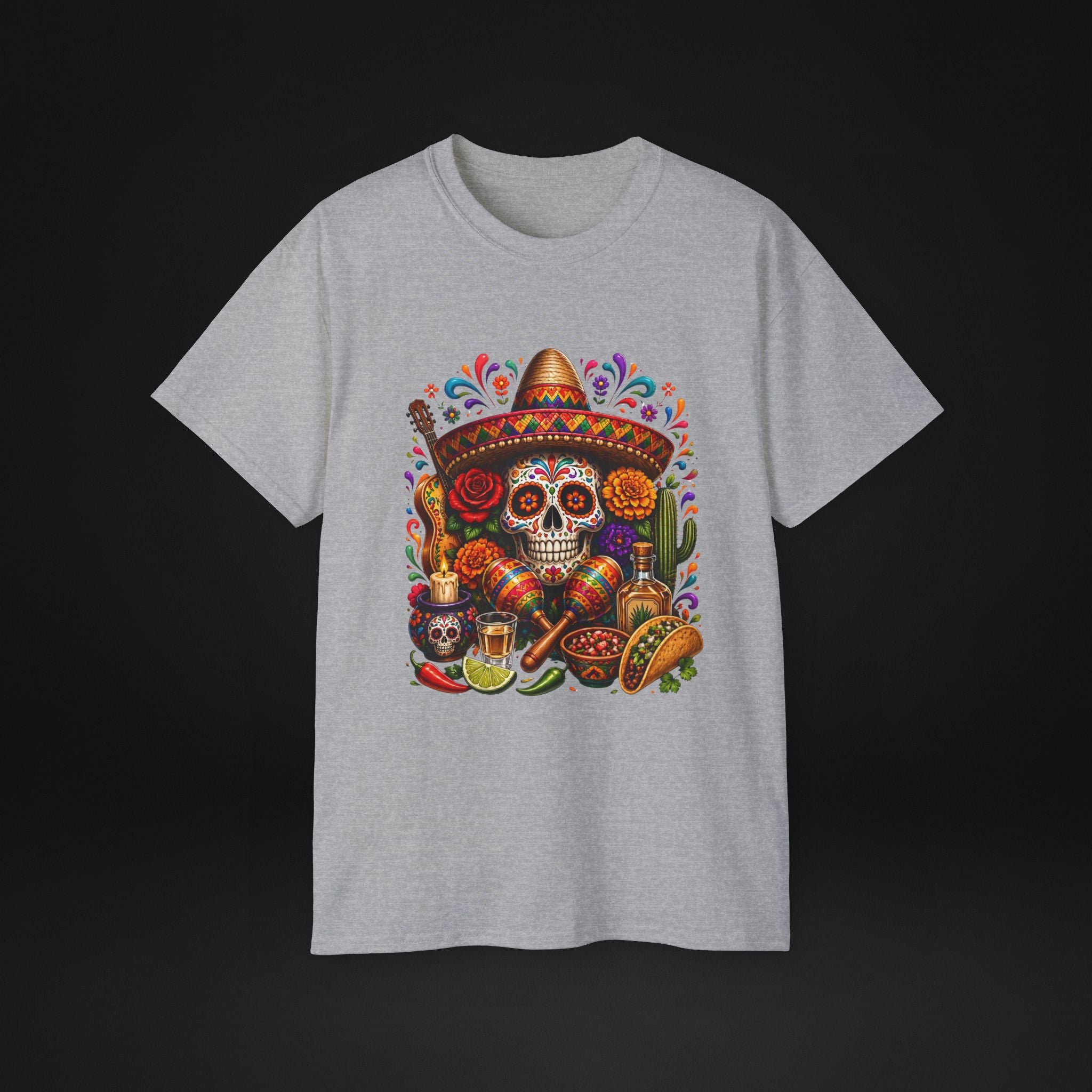Cinco de Mayo Sugar Skull T-Shirt – Fiesta Sombrero Taco & Tequila Graphic Tee