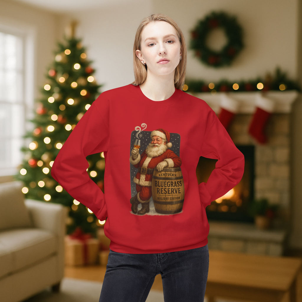 Kentucky “Bluegrass Reserve” Santa Bourbon Christmas Sweatshirt – Vintage Holiday Distillery Graphic