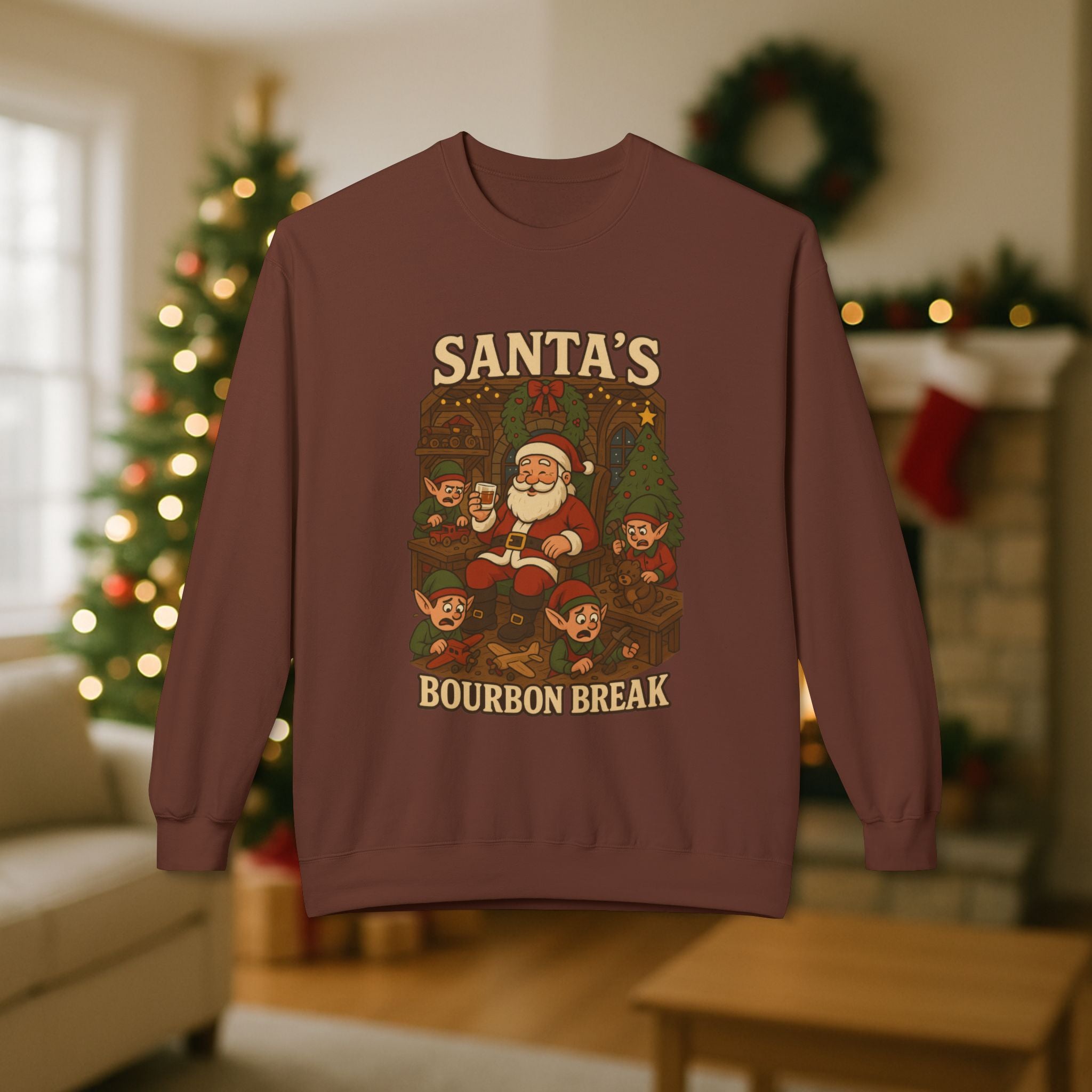 Santa’s Bourbon Break Christmas Sweatshirt – Funny Bourbon Lover Holiday Crewneck for Kentucky Bourbon Fans & Festive Christmas Gift