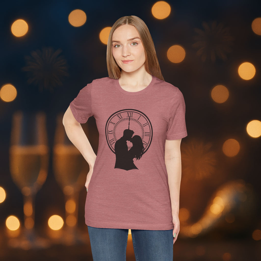 Midnight Kiss New Year’s Eve T-Shirt – Romantic Clock Silhouette Celebration Tee
