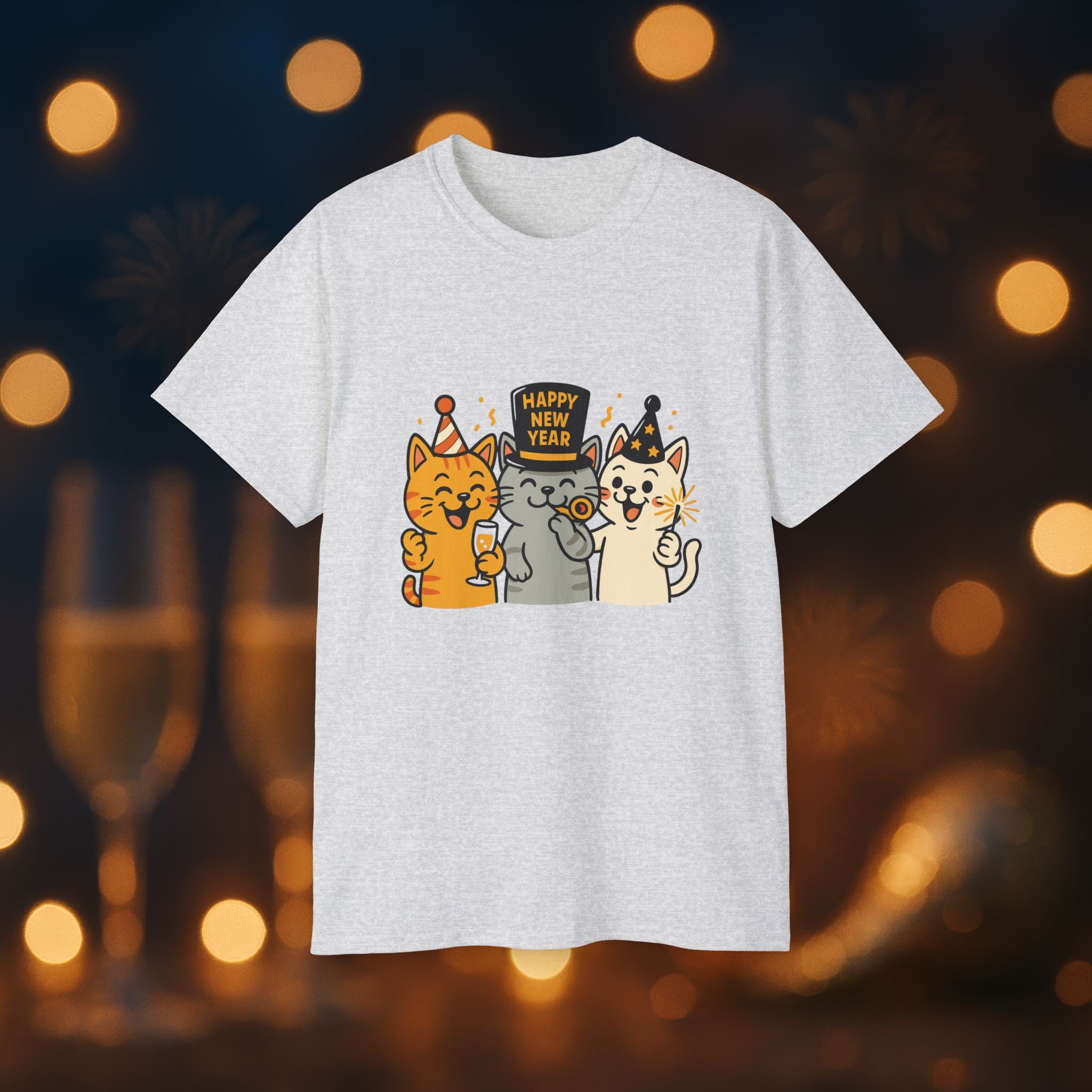 Happy New Year Cats T-Shirt – Cute Party Cats Tee | New Year’s Eve Cat Lover Shirt