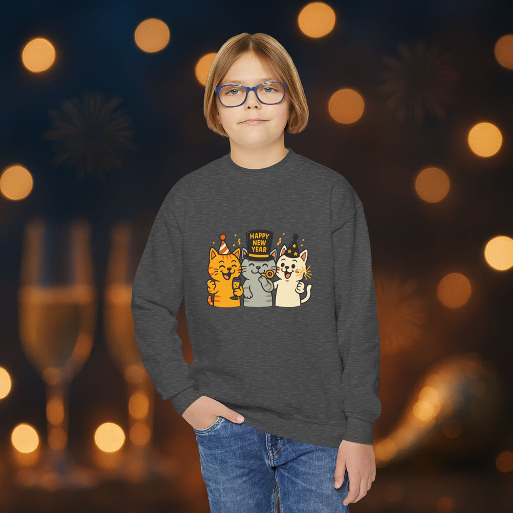 Happy New Year Cats Youth Crewneck Sweatshirt – Cute Party Cats Sweatshirt for Kids