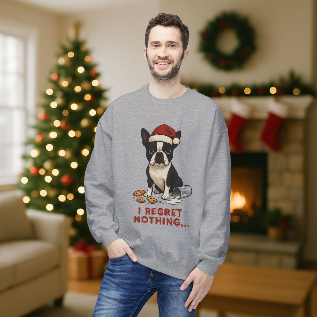 Boston Terrier “I Regret Nothing” Christmas Sweatshirt – Funny Holiday Dog Cookie Shirt