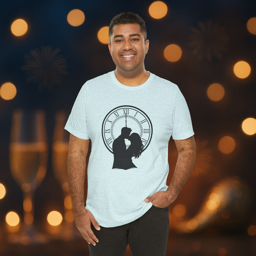 Midnight Kiss New Year’s Eve T-Shirt – Romantic Clock Silhouette Celebration Tee