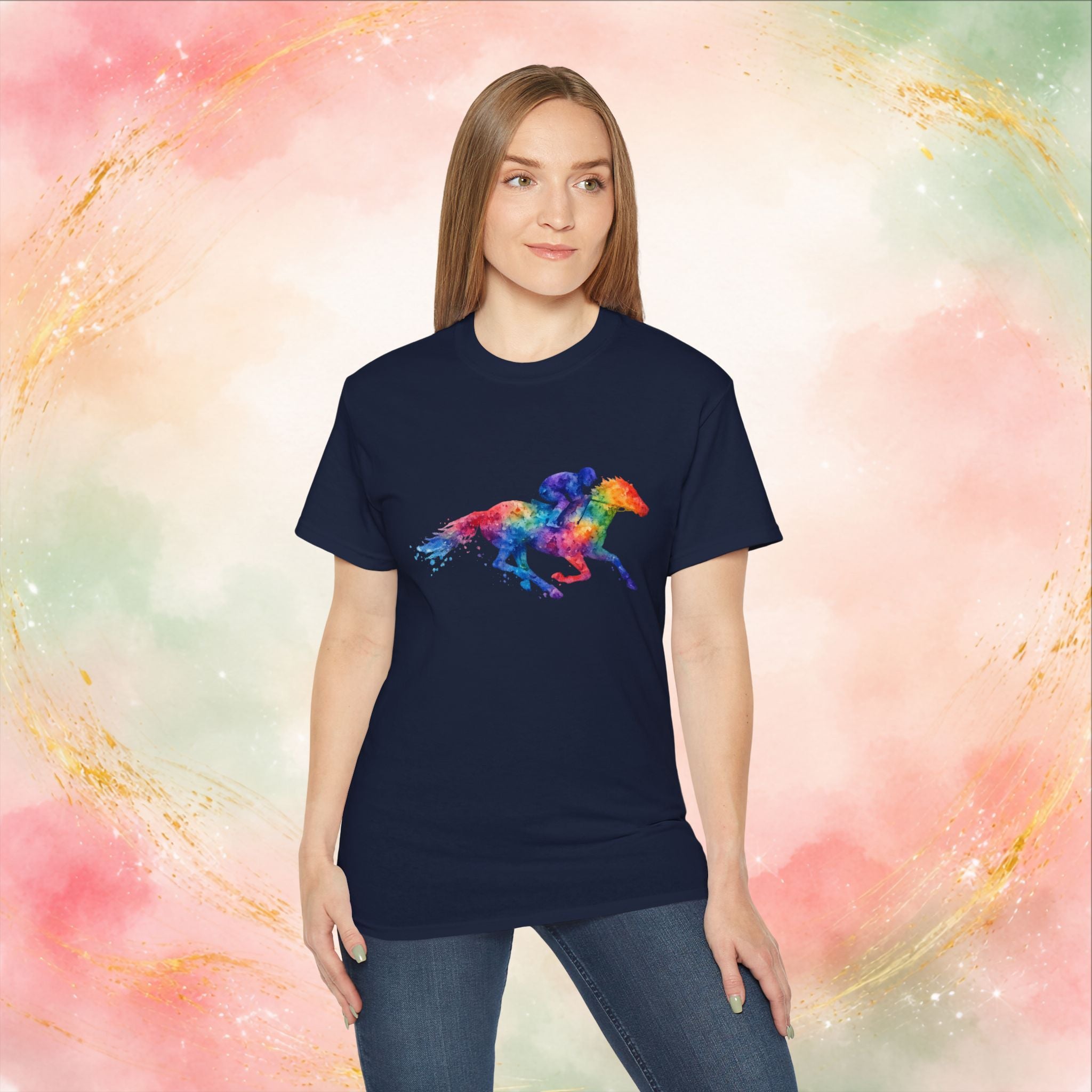 Kentucky Derby Watercolor Horse & Jockey T-Shirt | Colorful Race Day Graphic Tee