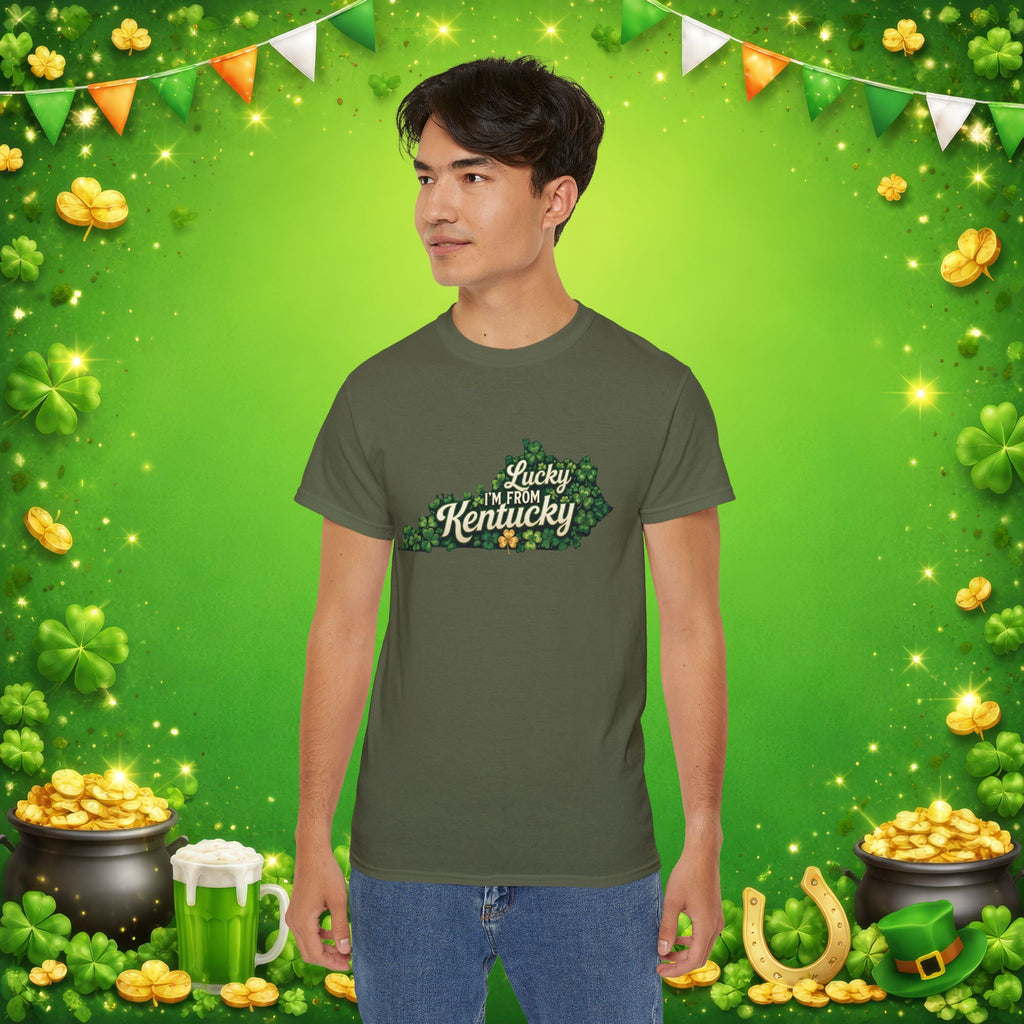 Lucky I’m From Kentucky T-Shirt – St. Patrick’s Day Shamrock Kentucky Shirt – Irish Bluegrass Pride Graphic Tee
