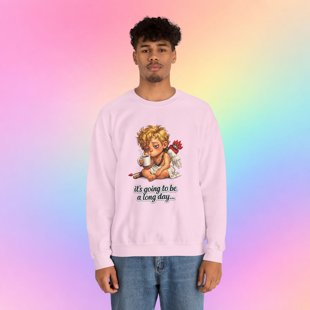 It’s Going to Be a Long Day Cupid Valentine’s Day Sweatshirt – Funny Coffee Angel Pullover