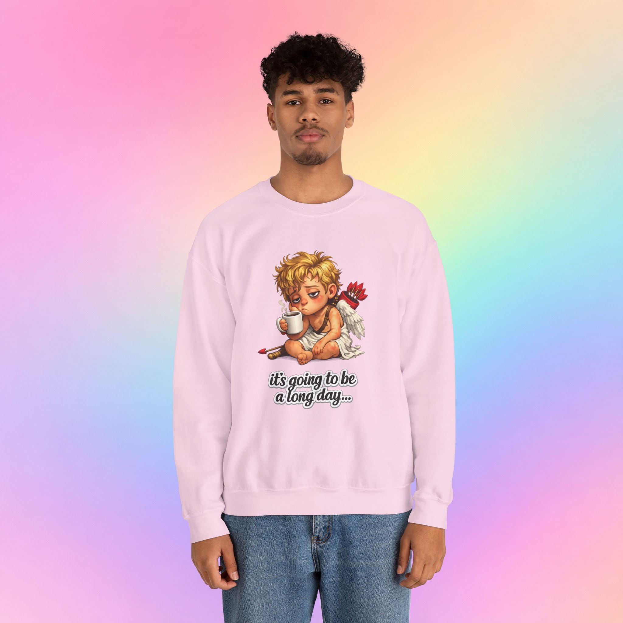 It’s Going to Be a Long Day Cupid Valentine’s Day Sweatshirt – Funny Coffee Angel Pullover