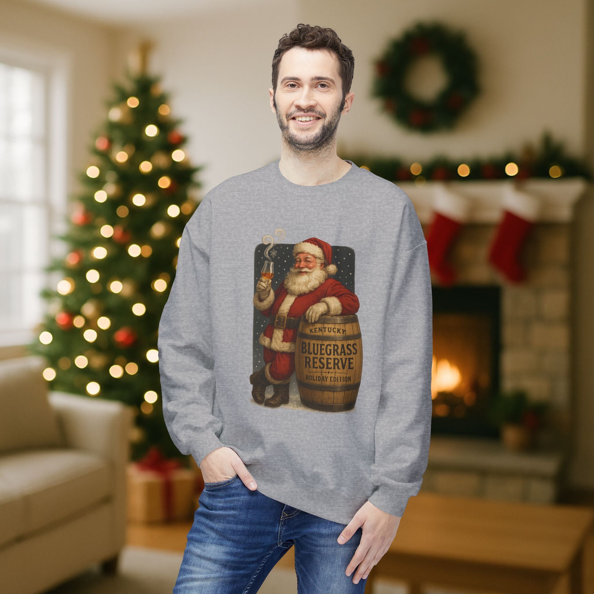 Kentucky “Bluegrass Reserve” Santa Bourbon Christmas Sweatshirt – Vintage Holiday Distillery Graphic