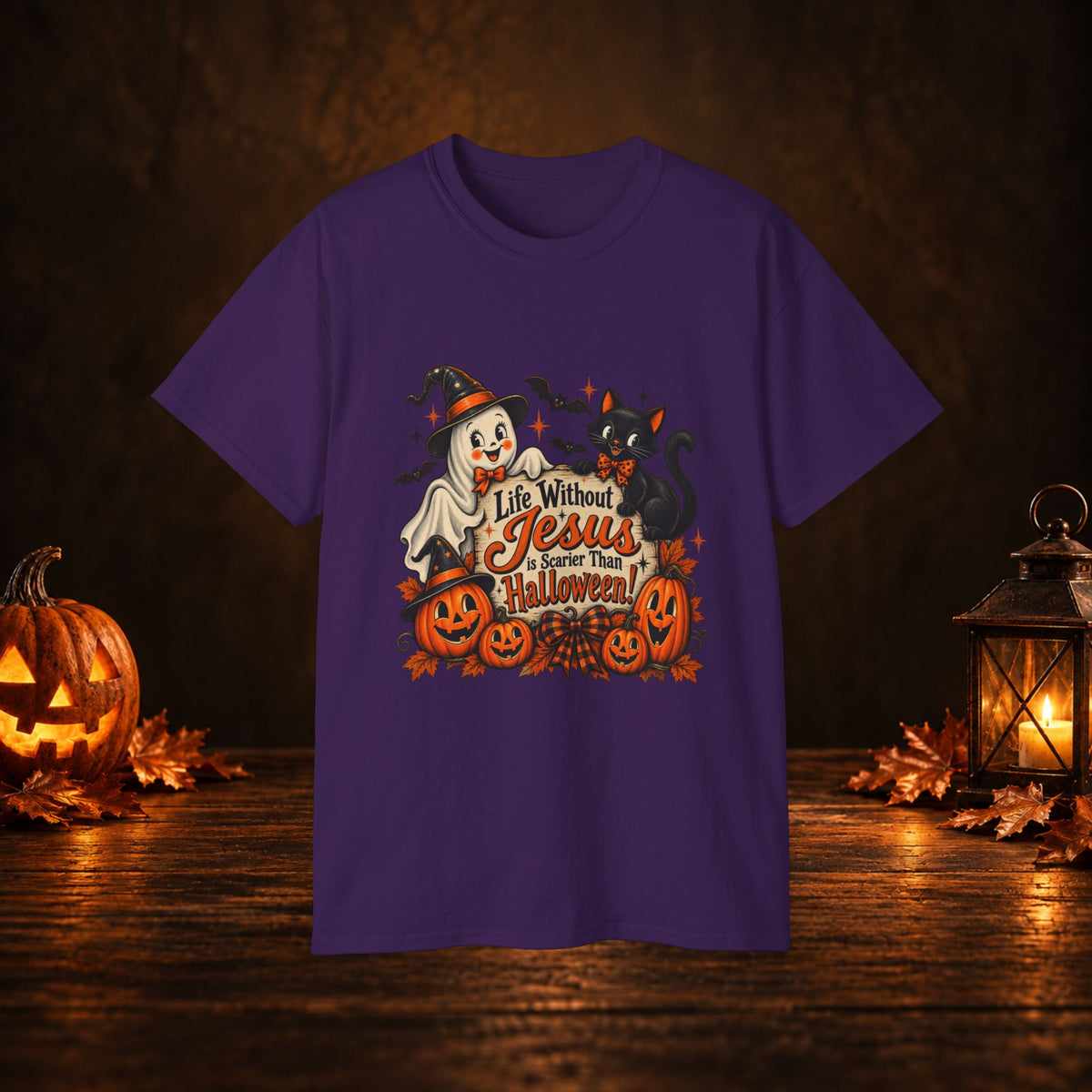 Halloween Christian T-Shirt — “Life Without Jesus Is Scary” Pumpkin & Cat Tee