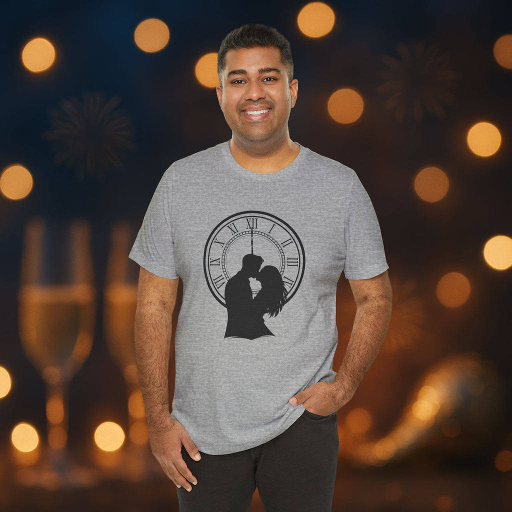 Midnight Kiss New Year’s Eve T-Shirt – Romantic Clock Silhouette Celebration Tee