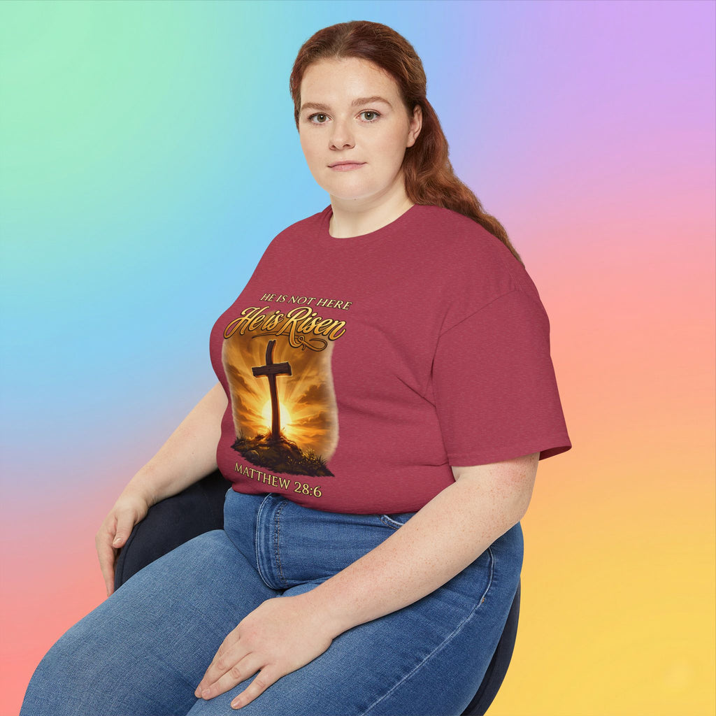 Christian Easter Shirt – He Is Risen Matthew 28:6 Cross Resurrection T-Shirt Faith-Based Easter Apparel