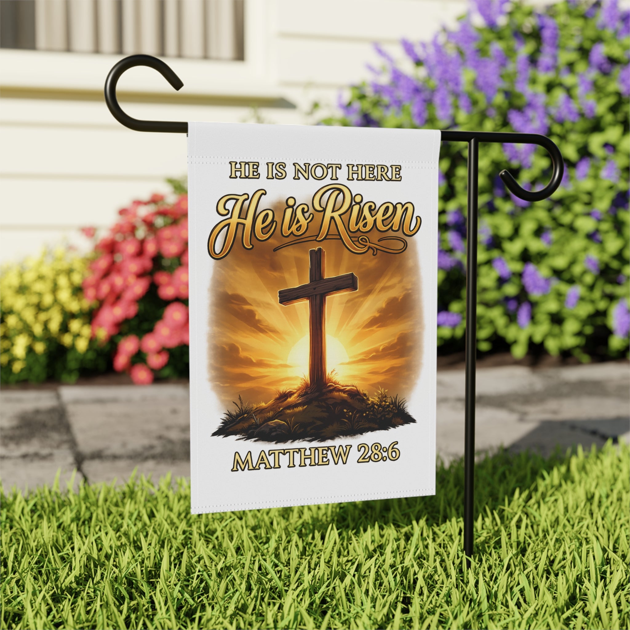 Christian Easter Garden Flag – He Is Risen Matthew 28:6 Cross Sunrise Religious Spring Yard Decor
