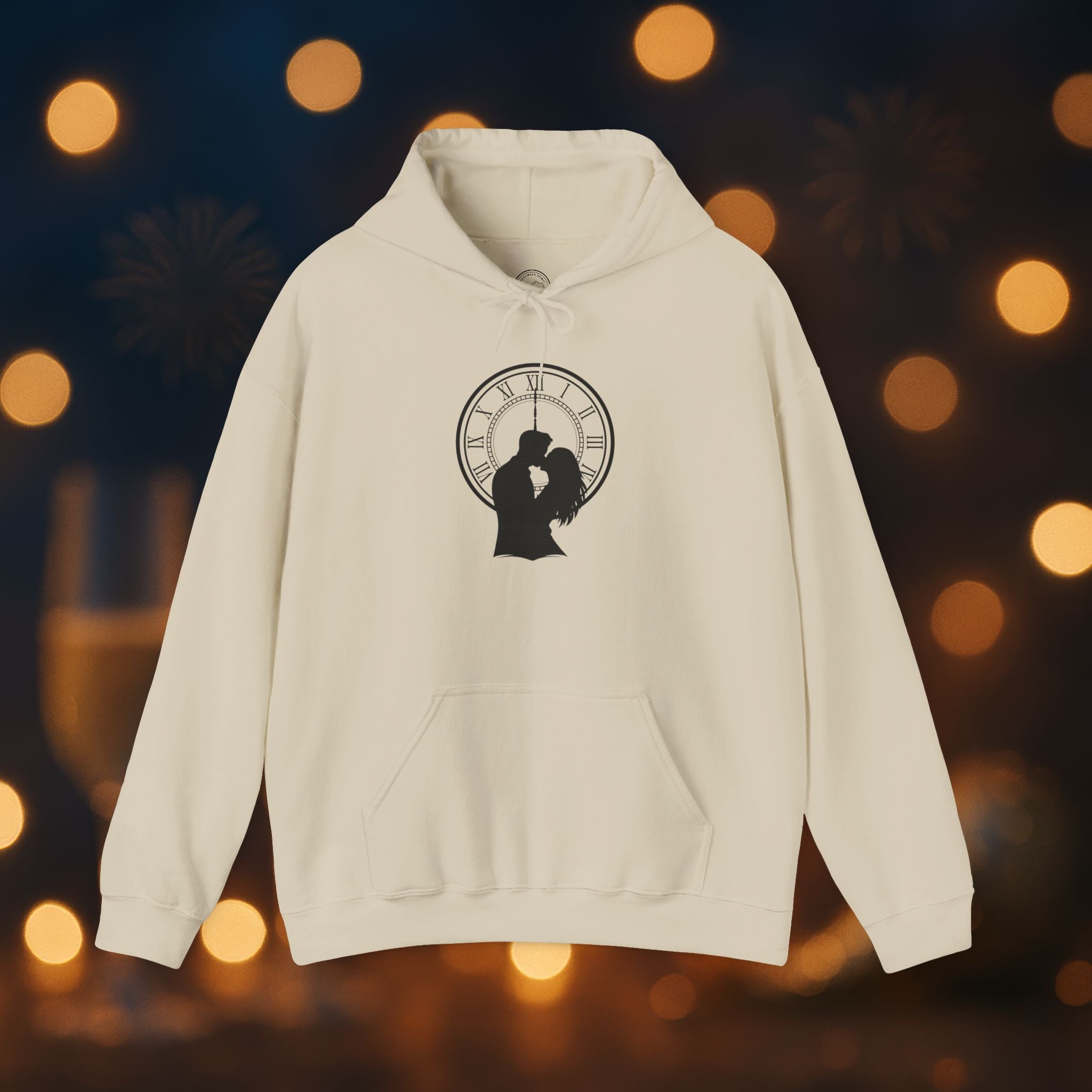 Midnight Kiss New Year’s Eve Hoodie – Romantic Clock Silhouette Pullover