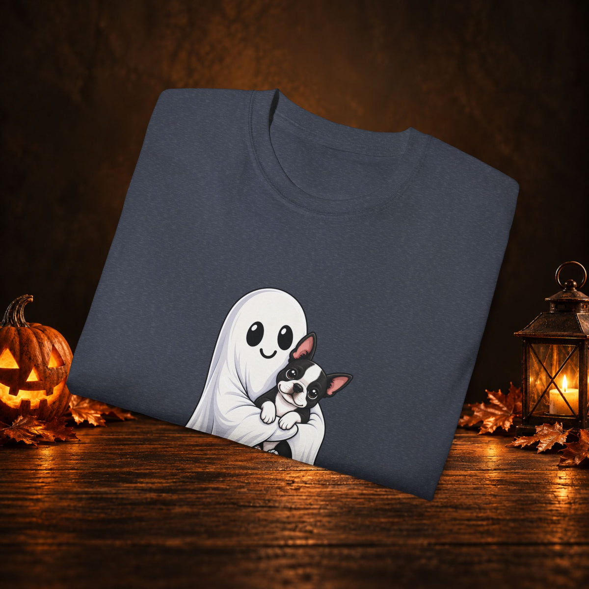 Cute Ghost & Boston Terrier Halloween T‑Shirt