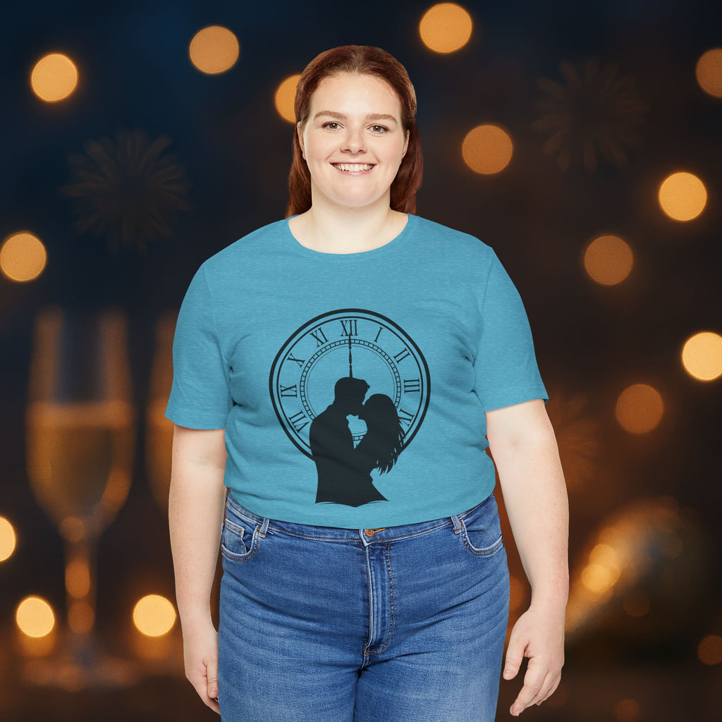 Midnight Kiss New Year’s Eve T-Shirt – Romantic Clock Silhouette Celebration Tee