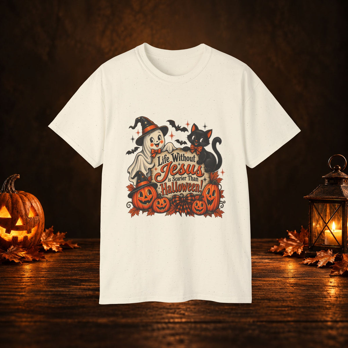 Halloween Christian T-Shirt — “Life Without Jesus Is Scary” Pumpkin & Cat Tee
