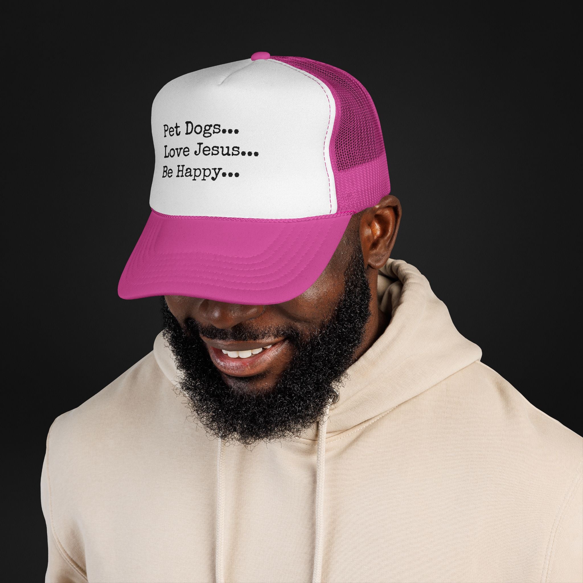 Pet Dogs Love Jesus Be Happy Trucker Hat – Christian Dog Lover Faith Hat