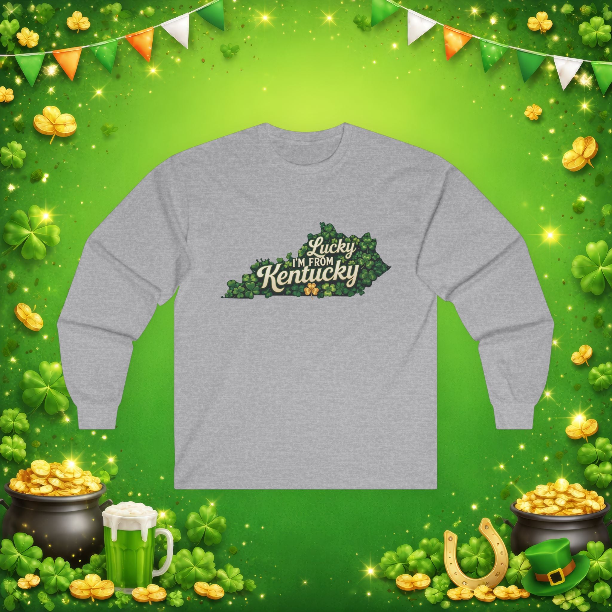 Lucky I’m From Kentucky Long Sleeve Shirt – St. Patrick’s Day Shamrock Kentucky Outline Tee – Irish Bluegrass Pride